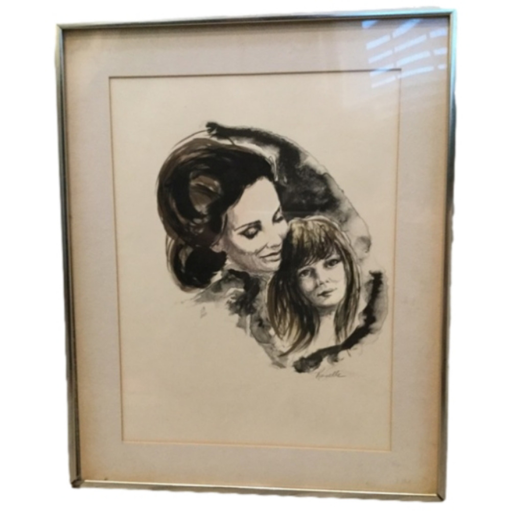 Navelle Vintage Portrait Art Artwork, Mother Daughter Black & White Large Signed